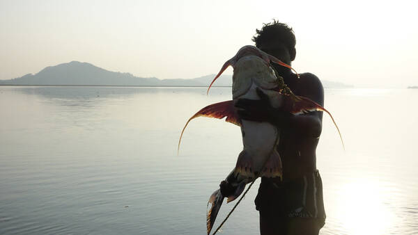 Ein Mann hält einen großen, frischgefangenen Fisch. Im Hintergrund das Meer.