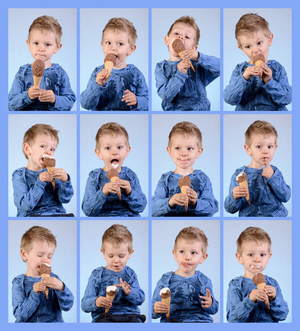 12 Portraits eines Buben in blauem Leibchen mit einem Eisstanitzel sind zu einem Raster zusammengestellt.