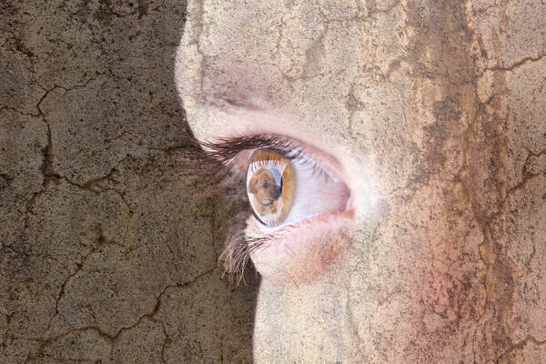 Detailaufnahme eines Auges, überlagert mit einem Bild von rissiger Erde.