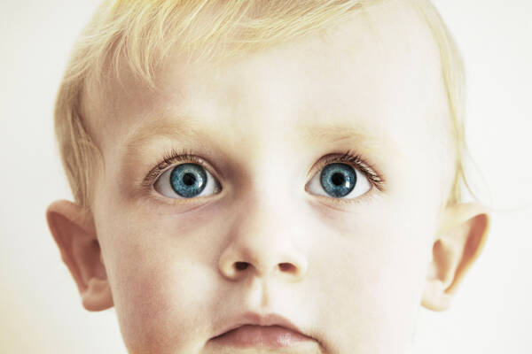 Close-up-Portrait eines kleinen, blauäugigen, blonden Buben, der direkt in die Kamera blickt 