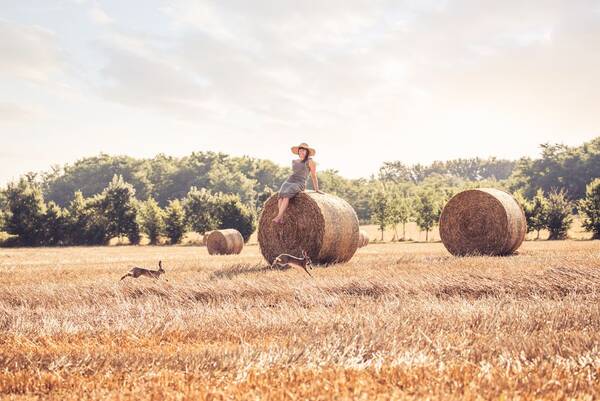 Eine Frau mit Strohhut sitzt bei sommerlichem Wetter auf einem Strohballen auf einem abgeernteten Feld. Im Vordergrund laufen zwei Hasen vorbei.