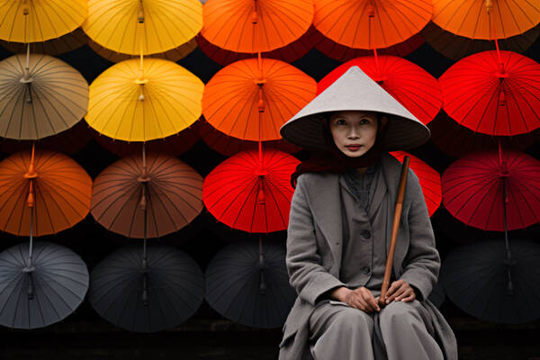 Eine grau gekleidete asiatische Frau mit Kegelhut sitzt vor einer Wand aus bunten Schirmen.