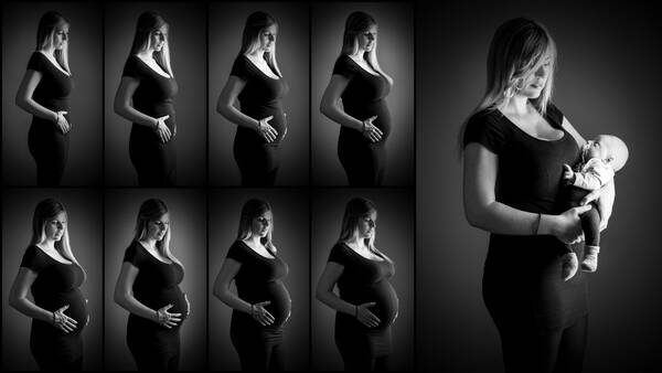 Neun Fotos einer werdenden Mutter. das letzte Bild ist mit Baby. Schwarz-Weiß.