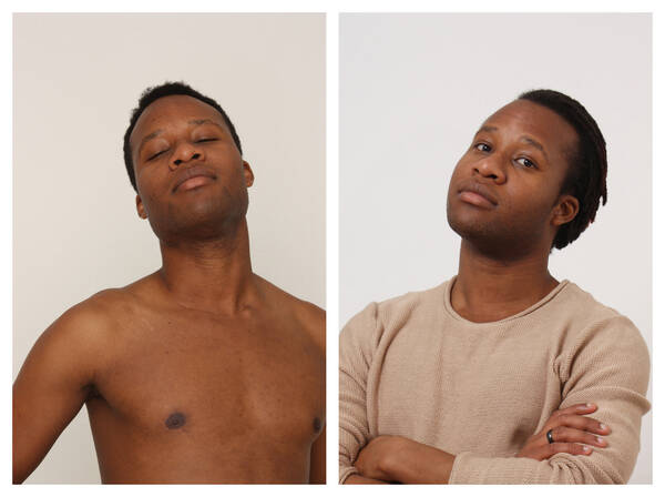 Zweiteiliges Bild: Portraits eines dunkelhäutigen Mannes, links ohne Bekleidung, rechts mit einem beigen Pullover.