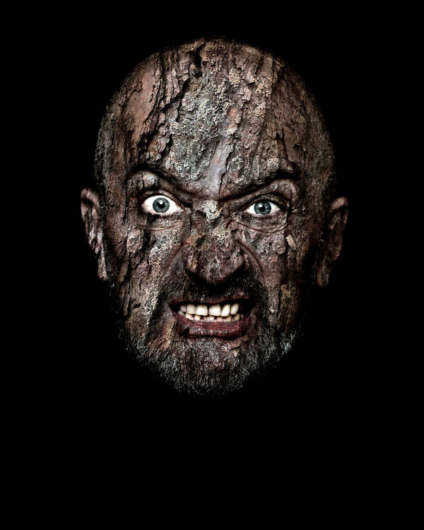 Portrait eines grimmig dreinschauenden, bärtigen Mannes vor schwarzem Hintergrund – nur der Kopf ist zu sehen. das gesicht ist mit dem Bild von der Borke einer Lärche überlagert.