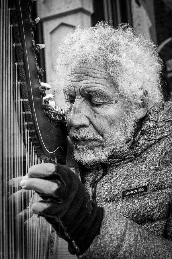 Nahaufnahme: Ein weißgelockter, bärtiger alter Mann spielt versunken auf einer Harfe. Er trägt Handschuhe und eine Winterjacke. Schwarz-Weiß.