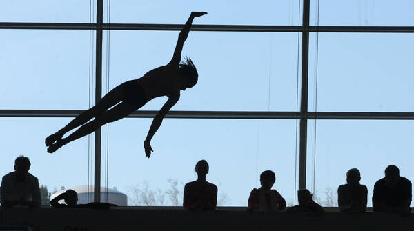 Silhouette eines Mannes der mit einem akrobatischen Sprung durch die Luft segelt. Im unteren Bildbereich sihet man die Silhouetten von Zuschauern.