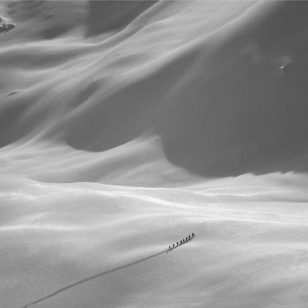 Sanfthügelige Schneeflächen im Gebirge. von links unten kommt winzig die Spur von Schneeschuhwanderern, die den Berg erklimmen. Schwarz-Weiß.