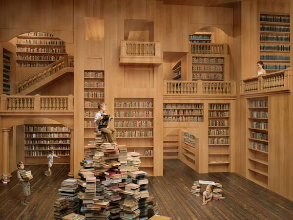 Mehrere Kinder in einer Bibliothek. Der Raum ist digital erschaffen.