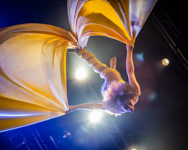 Eine Artistin mit gelben Tüchern hängt in der Luft.