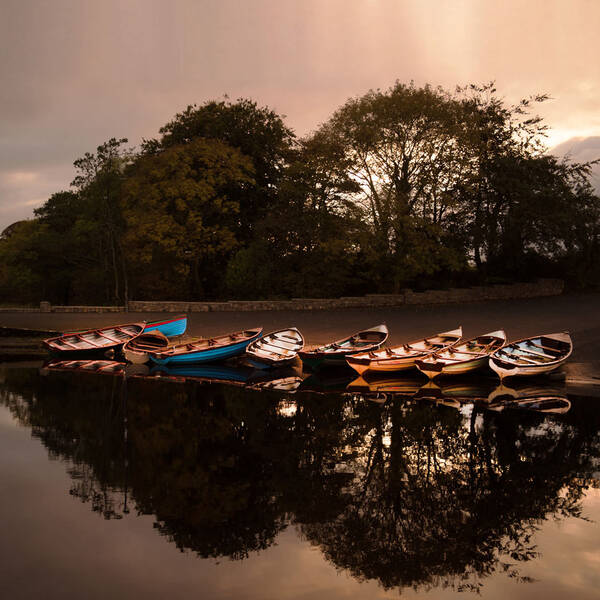 Abendstimmung an einem See. Bäume spiegeln sich im Wasser, Ruderboote liegen am Strand.