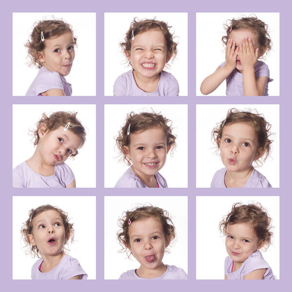 Neun Portraits eines Mädchens in lila T-Shirt sind zu einem quadratischen Raster zusammenmontiert.