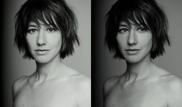 Doppelportrait der deutschen Schauspielerin Johanna Wokalek. Schwarz-Weiß.