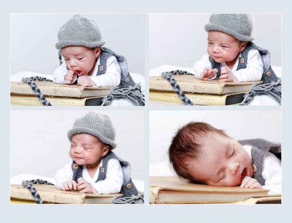 Vier Bilder eines Babys, das auf einem Stapel Bücher einschläft.