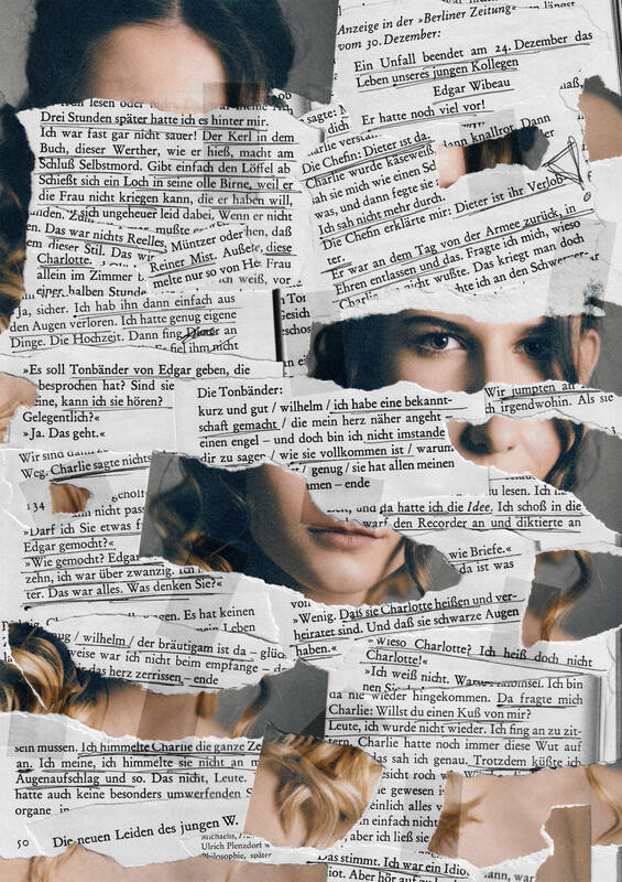 Collage aus einem zerrissenen Portraitfoto einer jungen Frau und Textfragmenten aus Ulrich Plenzdorfs 