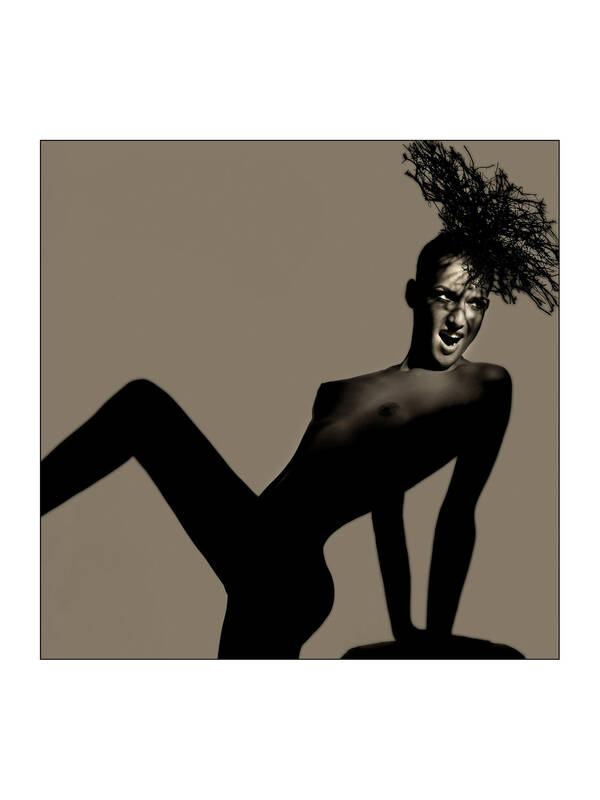 Weiblicher Akt bei dem sich die abgebildete Frau mit beiden Armen nach hinten abstützt und eines der Beine angewinkelt nach oben hebt. Auf dem Kopf trägt sie eine Skulptur aus Fichtenzweigen. Schwarz-Weiß. Duotone.