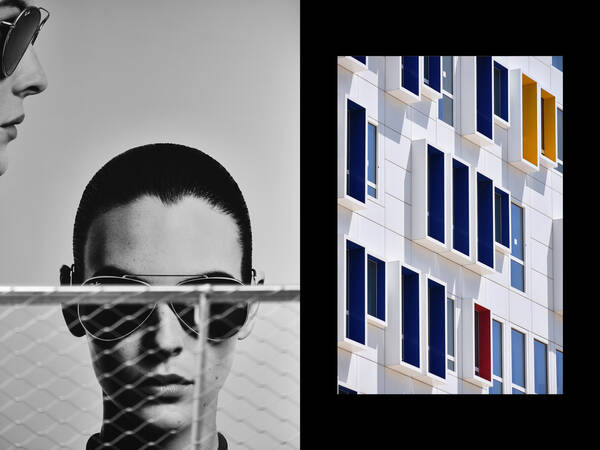 Gegenüberstellung eines von einem Geländergitter verdeckten Plakates mit Portraits von Frauen mit Sonnenbrillen und einer sehr geometrischen, weißen Hausfassade mit dukelblauen, gelben und roten Fensterlaibungen.fassade 