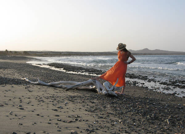 Frau in orangem Strandkleid und mit Strohhut an einem Strand, ein Fuß auf einem Stück Treibholz.