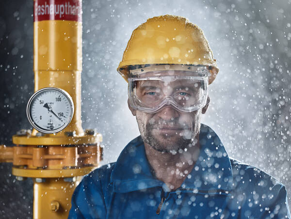 Ein Mann mit gelbem Schutzhelm, Schutzbrille und Blauem Arbeitsgewand steht neben einer gelben Gasleitung mit Druckmesser. feine Wassertröpfchen schwirren durch die Luft.