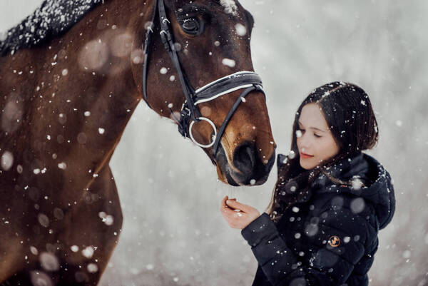 Eine junge Frau mit füttert ein Pferd bei Schneefall.