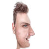 Portrait von Chris Gröbl wobei das Gesicht gleichzeitig frontal und im Profil zu sehen ist